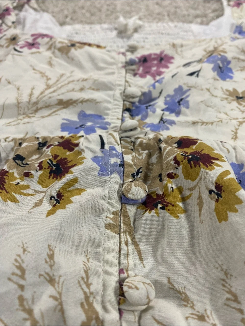 Anthropologie Small Puff Sleeve Peplum Top Cream Floral Square-Neck